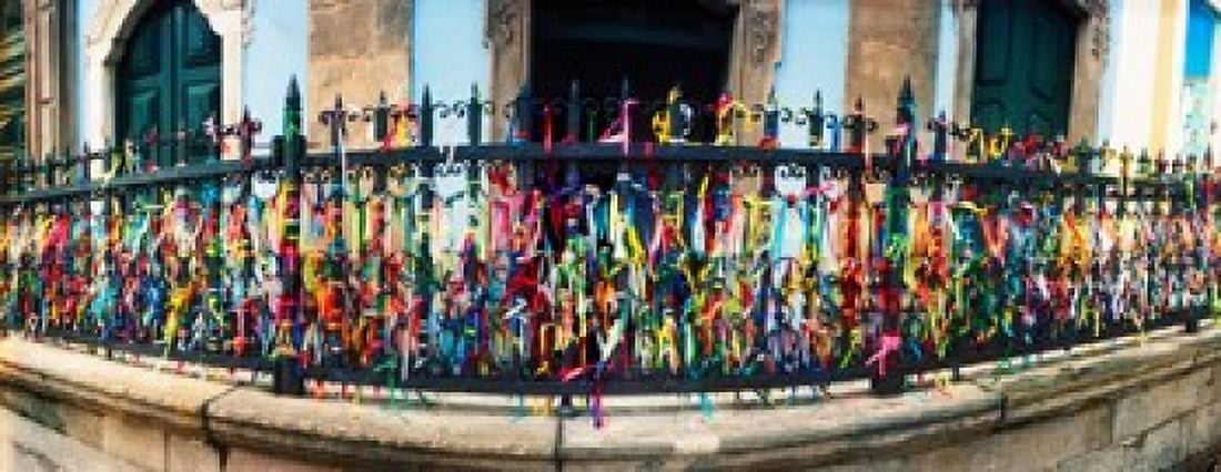 Colorful Bonfim wish ribbons tied around at Church of Nosso Senhor do Bonfim Pelourinho Salvador Bahia Brazil Canvas Art - Panoramic Images (15 x 6)