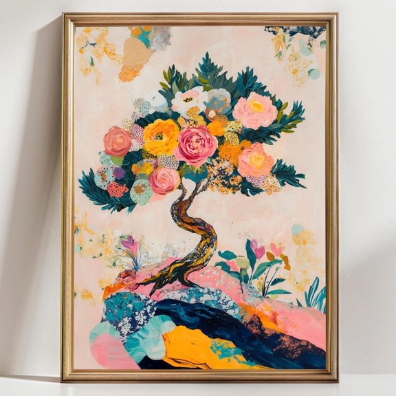 Colorful Bonsai Japanese Botanical Wall Art Decor Unframed Paper Print