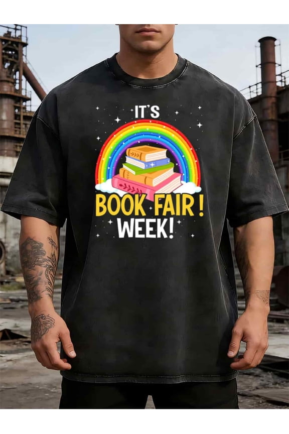 Colorful Book Fair Week Design Style Black Washed T-Shirt, featuring rainbow book stacks and starry theme. Perfect for school activities and reading promotion. Suitable for students and teachers.