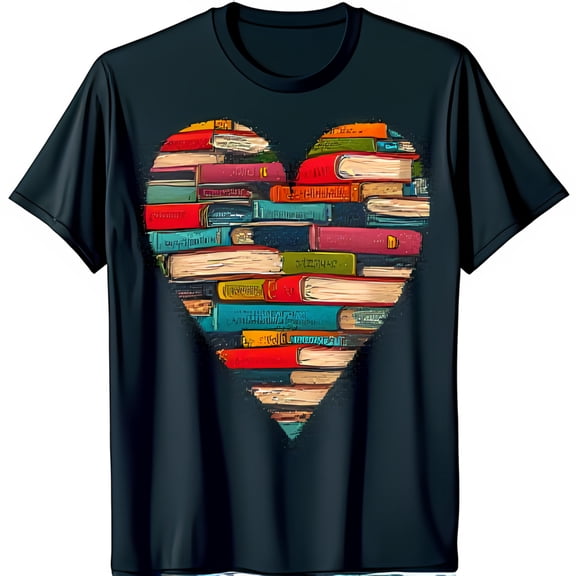 Colorful Book Heart Design T-Shirt Black Tee for Book Lovers and Readers