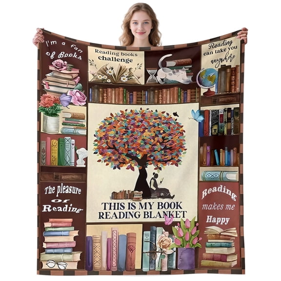 Colorful Book Reading Blanket Gifts for Women Men Adults Book Lovers Soft Cozy Warm Literary Bookshelf Tree Throw Blankets for Camping Travelling Decor Birthday Gifts 50×40 Inch
