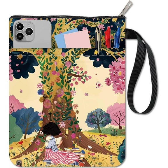 Colorful Book Sleeve Book Covers with Zipper and Extra Sleeve Cloth Woman Dream Tree Flower Rectangle Protector Washable Wrap Pouch Bag for Paperbacks Notebook Book Washable Fabric Cloth Pocket