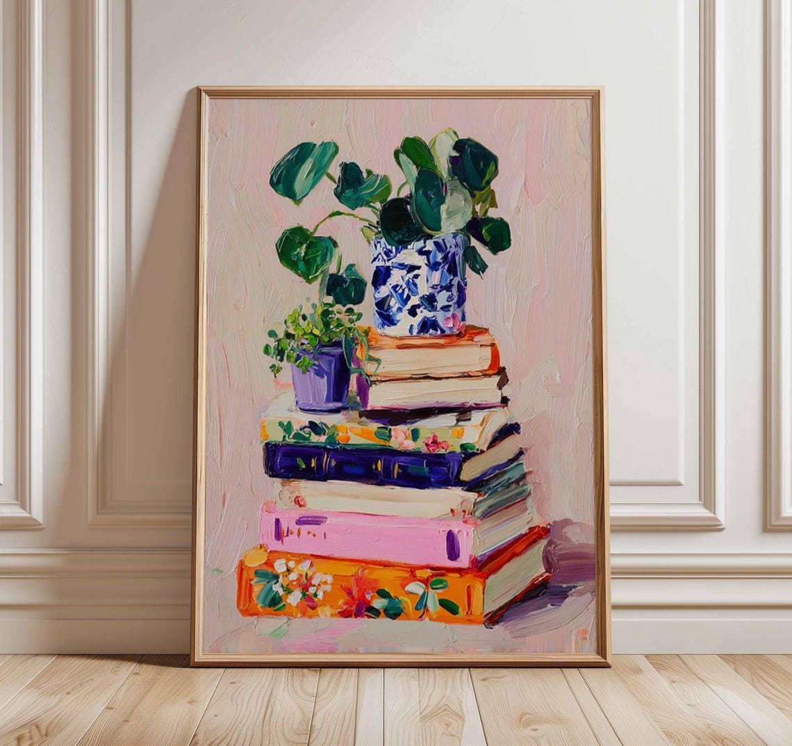 Colorful Book Stack Plant And Books Cozy Reading Nook Modern Poster Colorful Book Stack Plant And Books Cozy Reading Nook Modern Poster