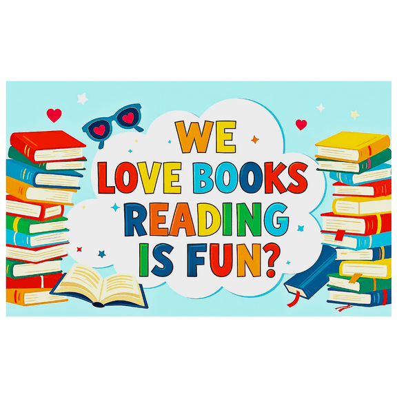 Colorful Book Themed Banner with Stacked Books Heart Shaped Sunglasses Stars for Book Lovers Reading Events Book Fairs School Libraries Classroom Decorations Party Backdrops