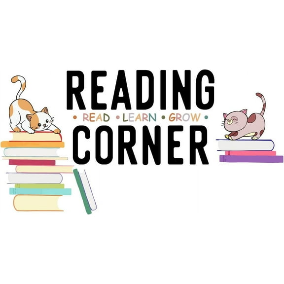 Colorful Book Wall Stickers Reading Corner Wall Decor with Cartoon Cat Wall Decals Removable Vinyl Art Mural Decals for Bedroom Living Room Nursery Classroom Back to School Decoration Black