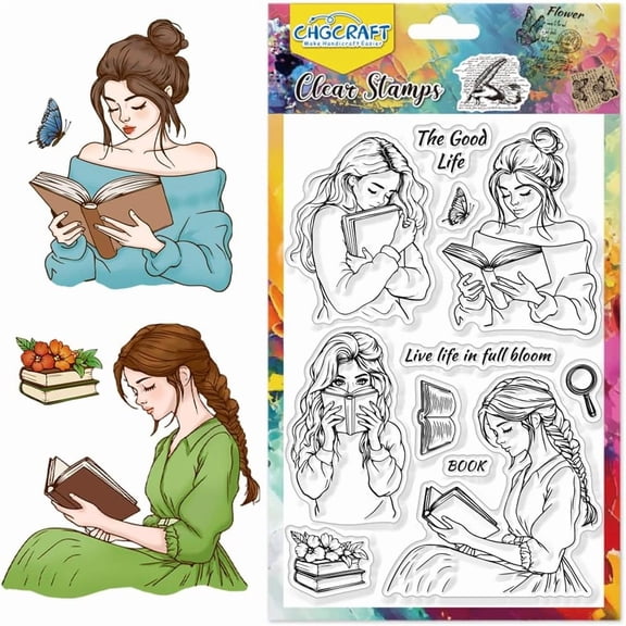 Colorful Book Woman Clear Stamps Elegant Lady Reading Transparent Handicraft Stamps for DIY Scrapbooking Photo Album Decorative 6.3x4.3inch