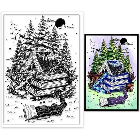 Colorful Books Clear Stamps 8.3x5.8 inch Forest Silicone Clear Stamp Seals Clouds Sun Transparent Stamps for DIY Scrapbooking Cards Making Photo Album Journal