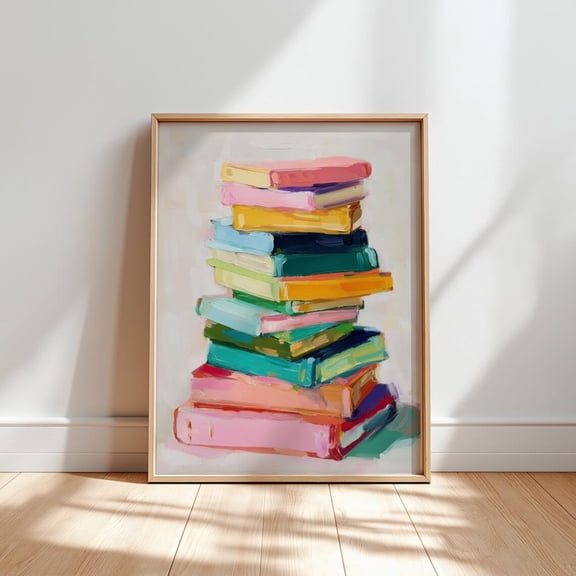 Colorful Books Stack Poster, Modern Library Wall Art, Unframed Poster Size 24x36