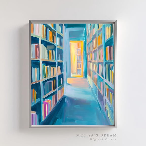 Colorful Bookshelf Art Cozy Library Hallway Book Lover Decor, Unframed Paper Poster 8x10in