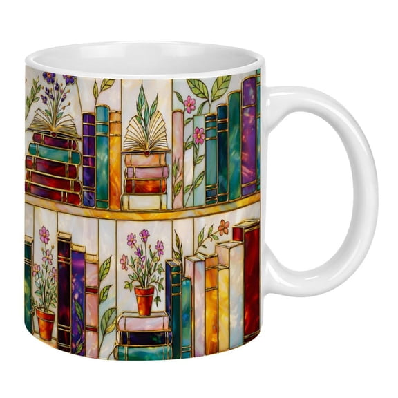 Colorful Bookshelf Ceramic Coffee Mug, Stained Glass Style Book Lover Cup with Artistic Library Illustration, Reading Theme Tea Mug for Home, Office, Teacher and Reader Gifts