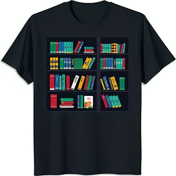 Colorful Bookshelf Graphic Black T-Shirt Unique Design for Book Lovers