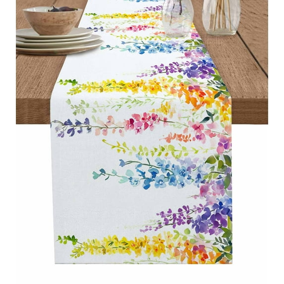 Colorful Botanical Burlap Cotton Table Runner 16x72 Inches Long, Spring Floral Weeping Watercolor Farmhouse Table Runners, Outdoor Dining Tablecloths Decor for Baby Shower/Party/Wedding