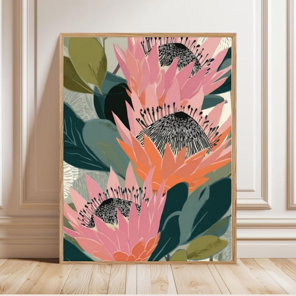 Colorful Botanical Decor Modern Floral Wall Art Bold Pink Protea Flower Poster, Poster Only