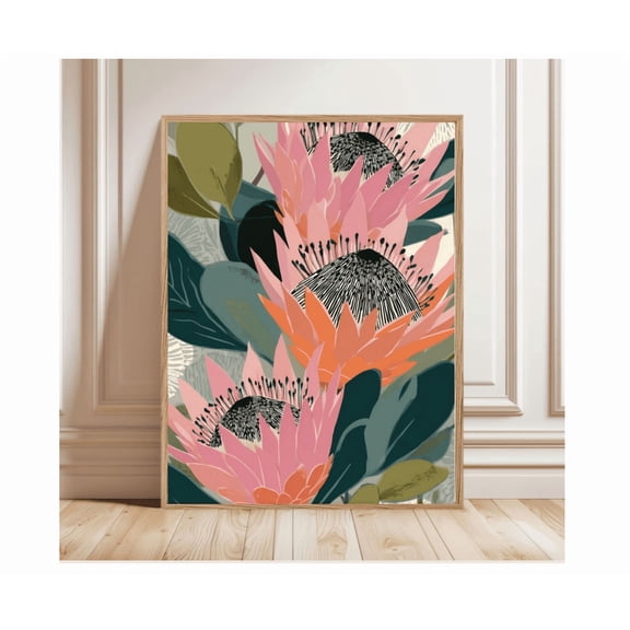 Colorful Botanical Decor Modern Floral Wall Art Bold Pink Protea Flower Poster