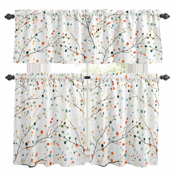 Colorful Botanical Kitchen Curtains Sets for Windows 24 Inch Length, Rainbow Color Leaves Spring Summer Rod Pocket Window Treatments Tier Curtains and Valances Set for Bedroom/Bathroom