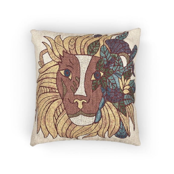 Colorful Botanical Lion Face Gold, Magenta and Teal Decorative Woven Pillow for Eclectic Living Room Decor