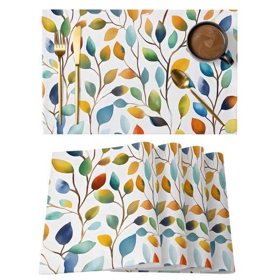 Colorful Botanical Placemats Set of 2, Cotton Linen Fabric Place Mats, Pastoral Leaf Spring Summer Elegant Washable Decorative Table Mats Protector for Home Kitchen Dining Wedding Party Coffee Tables