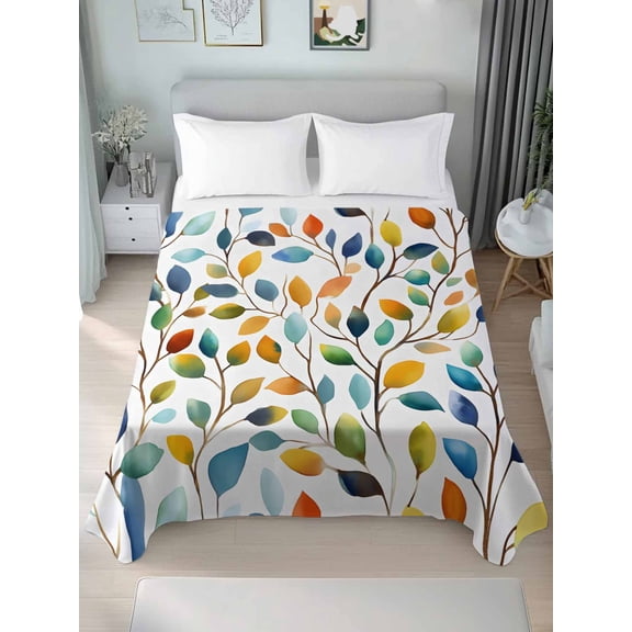 Colorful Botanical Queen Size Flat Sheet, Wrinkleproof & Fadeproof Cooling Flat Bed Sheet Only, Pastoral Leaf Spring Summer Elegant Breathable Soft Bedding Top Sheets 90 x 102 Inches