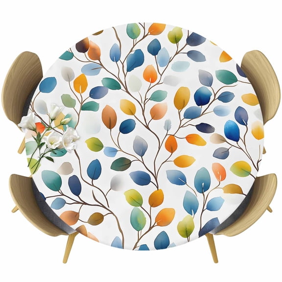 Colorful Botanical Round Tablecloth 36-44 Inch Round Fitted Table Cloth with Elastic Edge, Pastoral Spring Summer Elegant Leaf Waterproof Table Cover Protector for Outdoor Picnic Party Dining