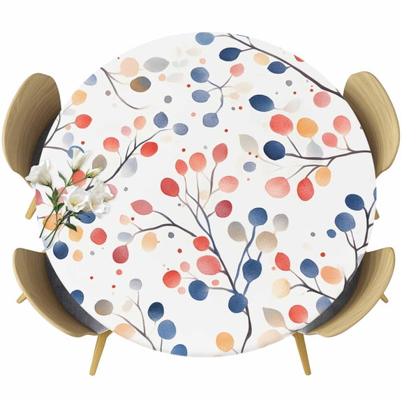 Colorful Botanical Round Tablecloth 36-44 Inch Round Fitted Table Cloth with Elastic Edge, Rainbow Color Leaf Spring Waterproof Table Cover Protector for Outdoor Picnic Party Dining