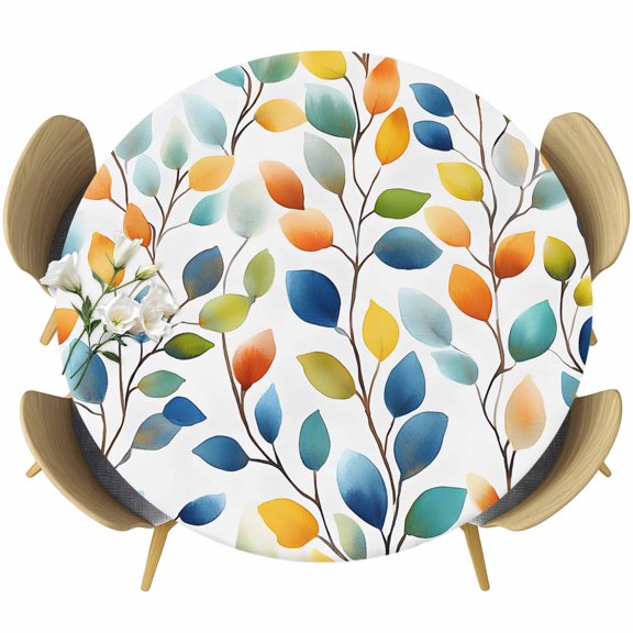 Colorful Botanical Round Tablecloth 36-44 Inch Round Fitted Table Cloth with Elastic Edge, Spring Summer Leaf Pastoral Waterproof Table Cover Protector for Outdoor Picnic Party Dining