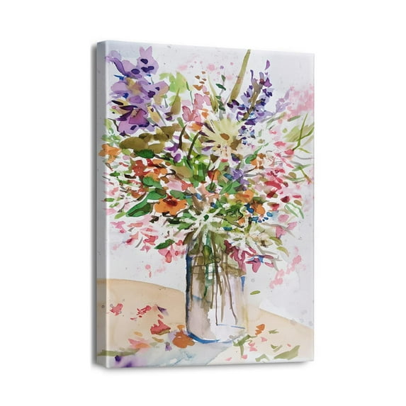 Colorful Botanical Wall Art 12X16Inch Framed Pink Flower Canvas, Abstract Wildflower Painting for Bathroom, Bedroom, Living Room Decor. Preppy Pop Art Floral Poster