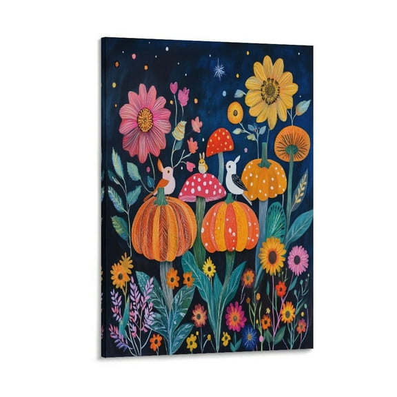 Colorful Bouquet of Flowers Pumpkins Artwork Wall Art For Kitchen Watercolor Pumpkins with Flowers Wall Art Pictures Modern Home Artwork For Bathroom Kitchen Canvas Print 8x12inch Framed