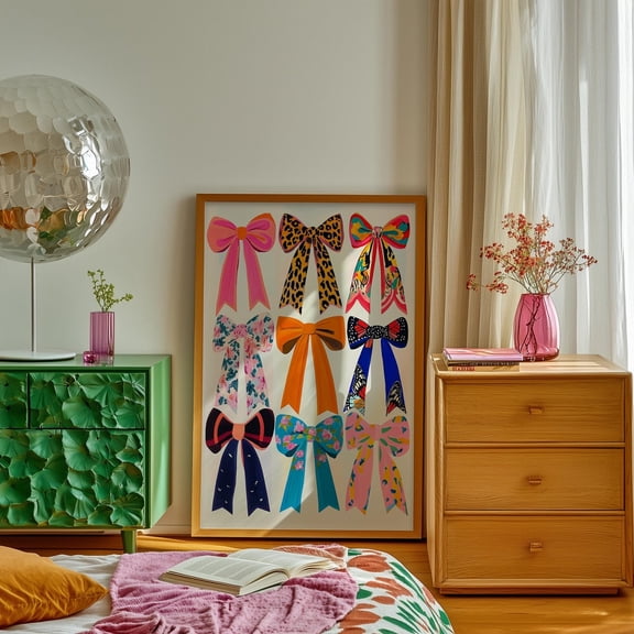 Colorful Bow Art Print, Girly Leopard Floral Wall Decor, Patterned Illustration, Unframed Paper Print Size 12x18