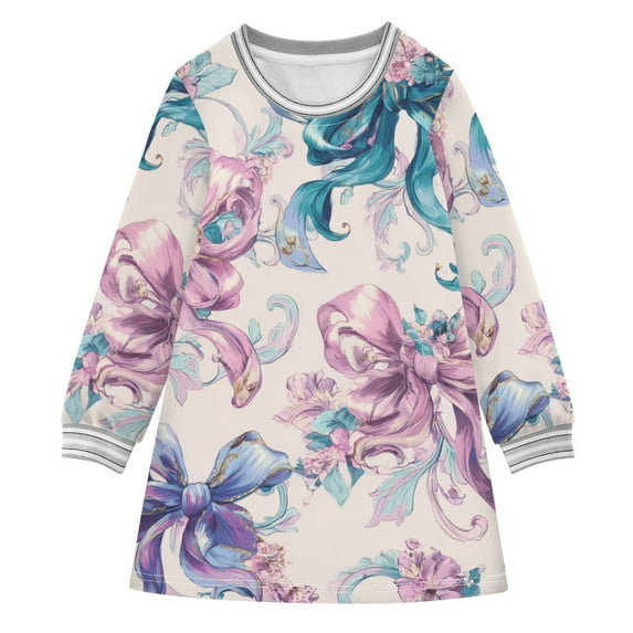 Colorful Bows Elegant Long-sleeved Dress A-line One-Piece Dress for 2-8 Years Casual Party 7-8Y
