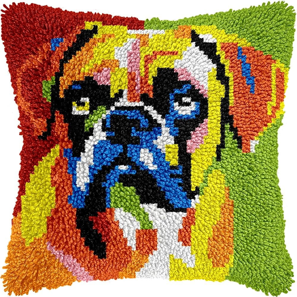 Colorful Boxer Dog Latch Hook Pillow Kits for DIY Throw Pillow Cushion Embroidery Latch Hooking Pillowcase Kits with Preprinted Canvas Crochet Yarn Kits for Home Decor 17''X 17''(C38)