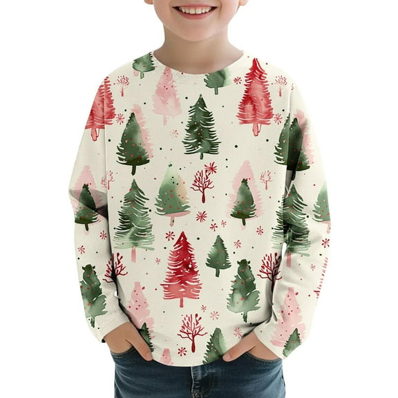 Colorful Boy Girl Children Boy Girl Crew Neck Tshirts Elegant Happy Vacation Christmas Lounge Tee Tops for Kid Long Sleeve Print Cute Shirt Warm Winter Fall Shirts 2025 Clothing 4 Years