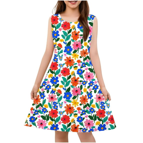 Colorful Boy Girl Children Boy Girl Floral Graphic Spandex Dresses for Kid Sleeveless Long Cute Cami Tank A Line Plain Summer Fall Dresses 2025 Clothes Trendy Country Concert Y2K 7 Years