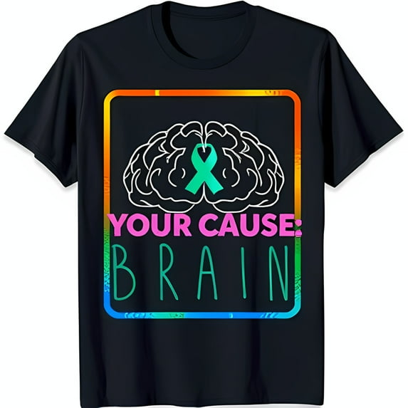 Colorful Brain Design Black T-Shirt with Green Ribbon Your Cause: Brain