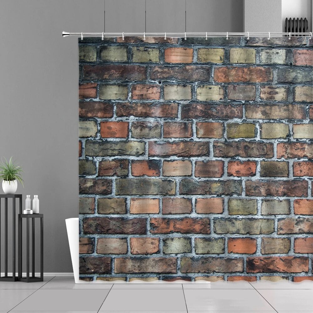 Colorful Brick Wall Shower Curtains Floral Plant Stone Walls Print Bath Curtain Retro Style Home