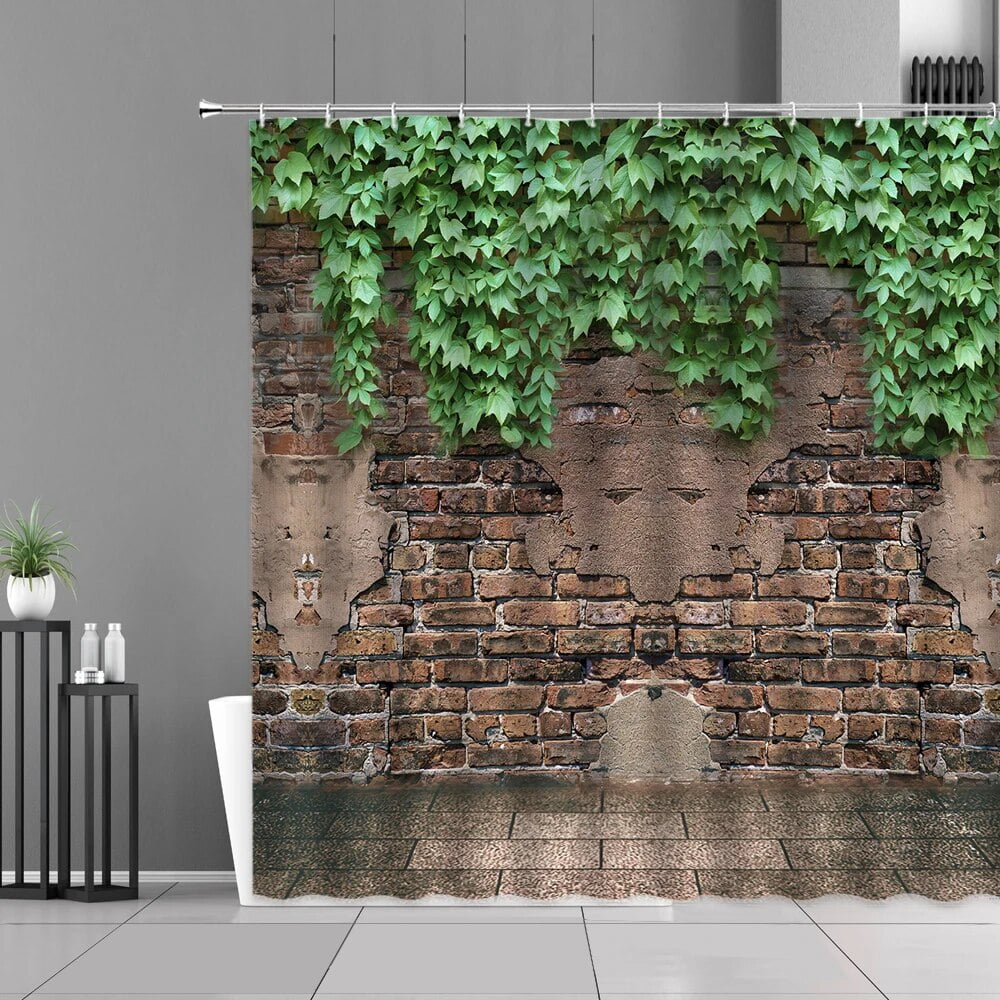 Colorful Brick Wall Shower Curtains Floral Plant Stone Walls Print Bath Curtain Retro Style Home