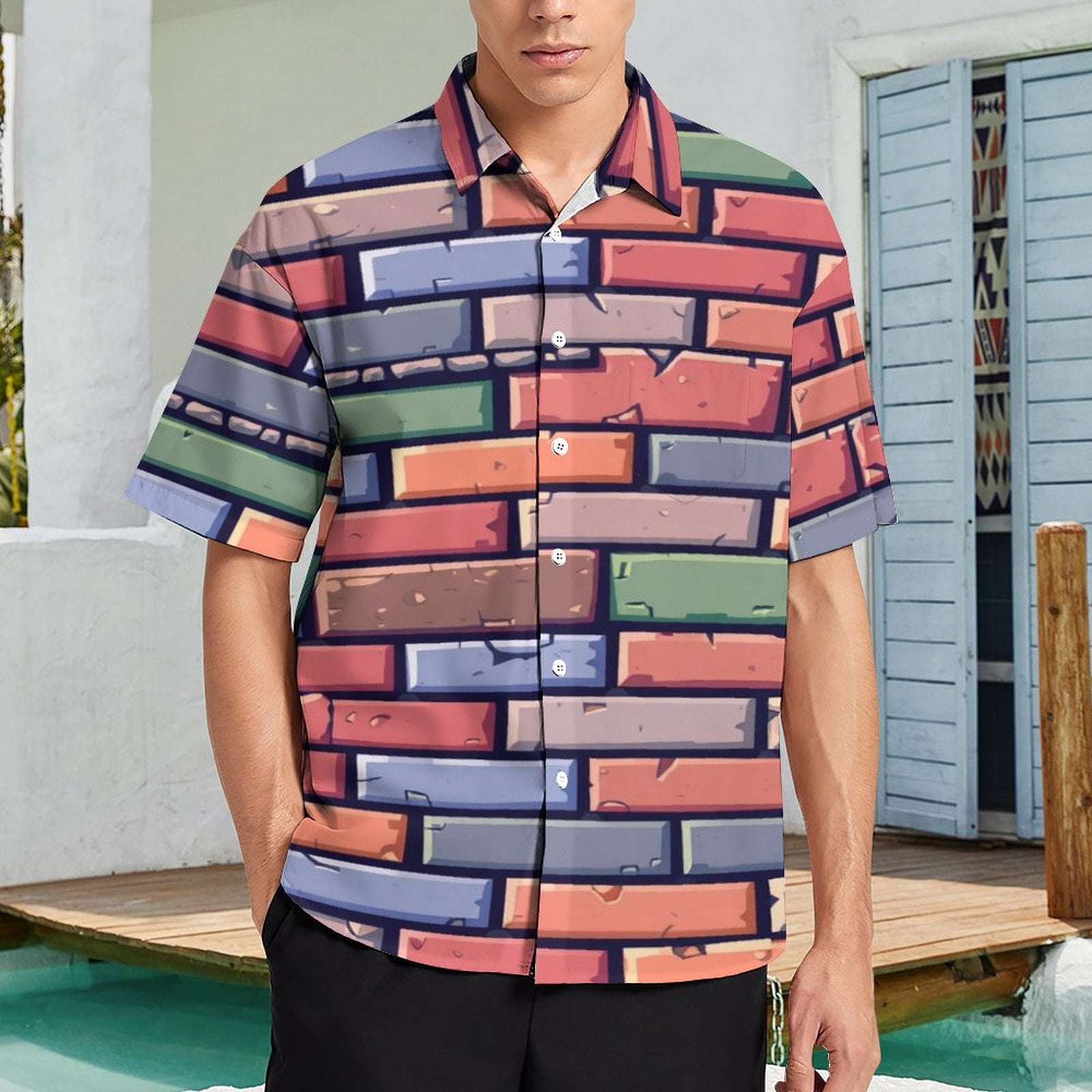 Colorful Brick Wall Summer Shirt For Mens Vacation Casual Shirts Short ...