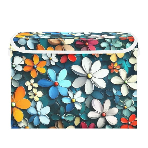 Colorful Bright Flower Large Storage Bins with Linen Collapsible Lid Storage Box 16.7 x 12.6 x 11.8in
