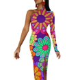 thumbnail image 1 of Colorful Bright Flowers Bodycon Dress Autumn Hawaiian Tropical Print Trendy High Slit Long Dresses Lady One Shoulder Party Dress, 1 of 2