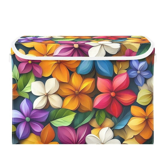 Colorful Bright Flowers Large Storage Bins with Linen Collapsible Lid Storage Box 16.7 x 12.6 x 11.8in