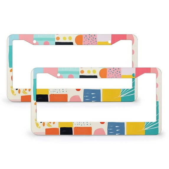 Colorful Bright Square Print License Plate Frame 2 Pieces Geometric Abstract Car Accessories for Women Men Auto Decoration Hardware 2 Round Holes Stainless Aluminum License Plate Cover