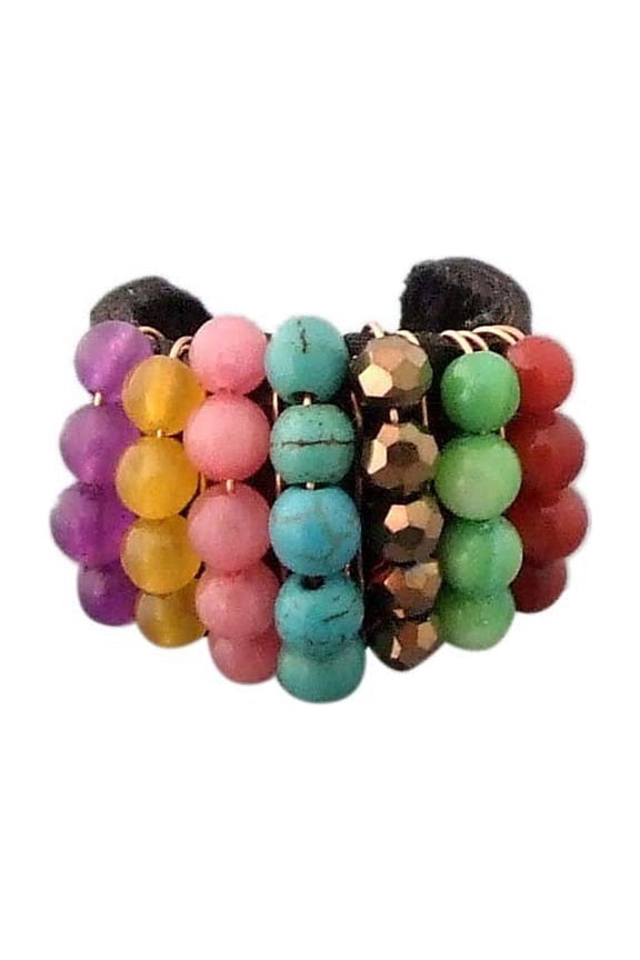 Colorful Brilliance Rows of Multi-Stone Beads on Leather Statement Ring