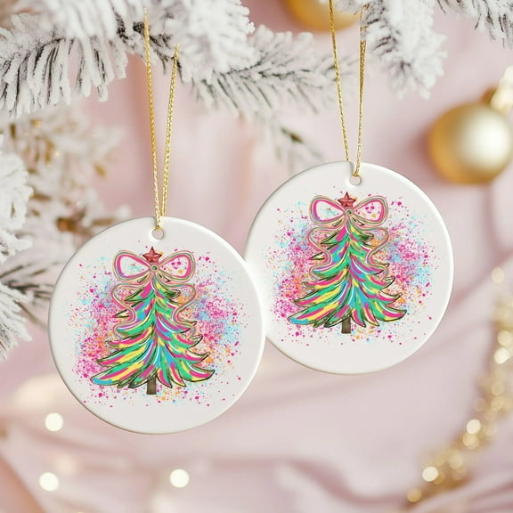 Colorful Brushstroke Christmas Tree Ornament, Coquette Pink Bow Ceramic Hanging Decoration, Festive Holiday Home Decor Gift