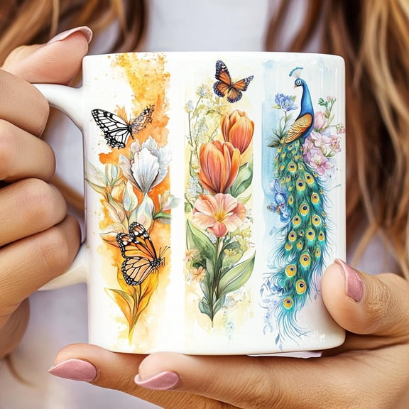 Colorful Brushstrokes Ceramic Mug, Butterfly Peacock Flower Tea Cup, Mother's Day Gift for Nature Lovers, Spring Home Decor, Wildlife Coffee