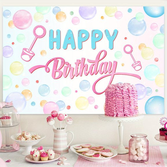 Colorful Bubble Birthday Backdrop Banner for Kids Party Decor, Happy Birthday Background Cloth, Vinyl Photo Wall , 4.9 x 3.3 ft Size, Four Corner Grommets and 6m White Ribbon for Home Celebration