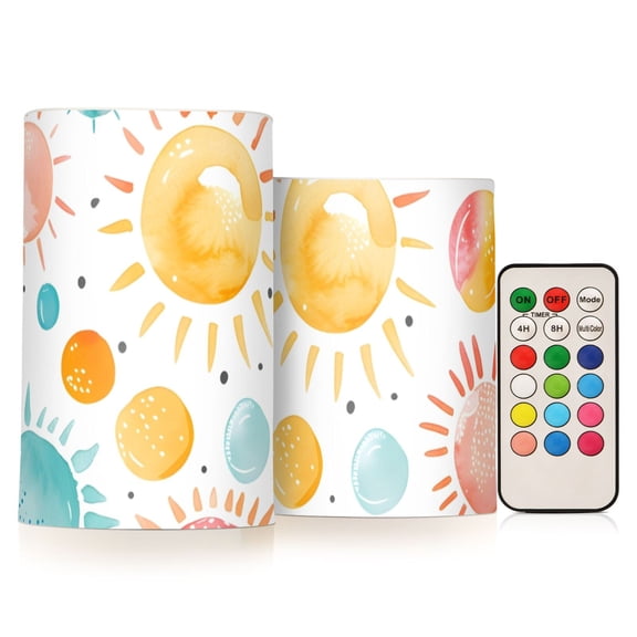Colorful Bubbles Sun Watercolor Flickering Flameless Candles LED Tealight Battery Operated with Remote Set of 2 Holiday Decor Ornaments