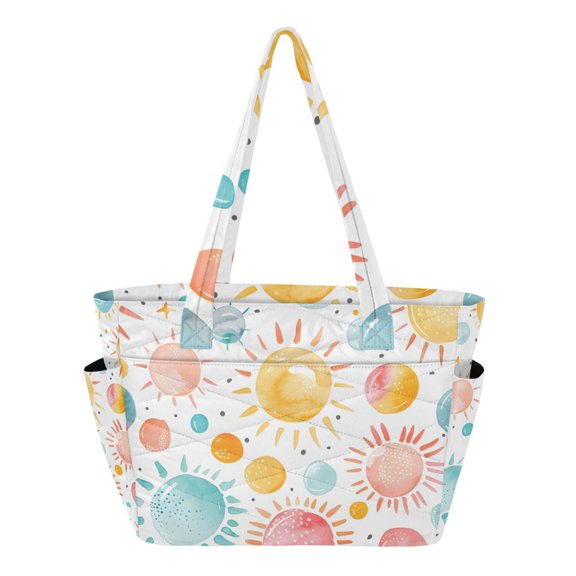 Colorful Bubbles Sun Watercolor Women's Quilted Tote HandBag Beach Bag Shoulder Bag with Luggage Strap 18L for Commute Gym Travel