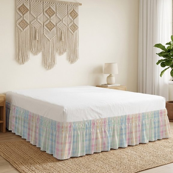 Colorful Buffalo Plaid Bed Skirt Bed Skirts Queen Size 16 Inch Drop, Spring Color Wrap Around Dust Ruffle Bedskirt with Adjustable Elastic Belt for Queen Size Beds