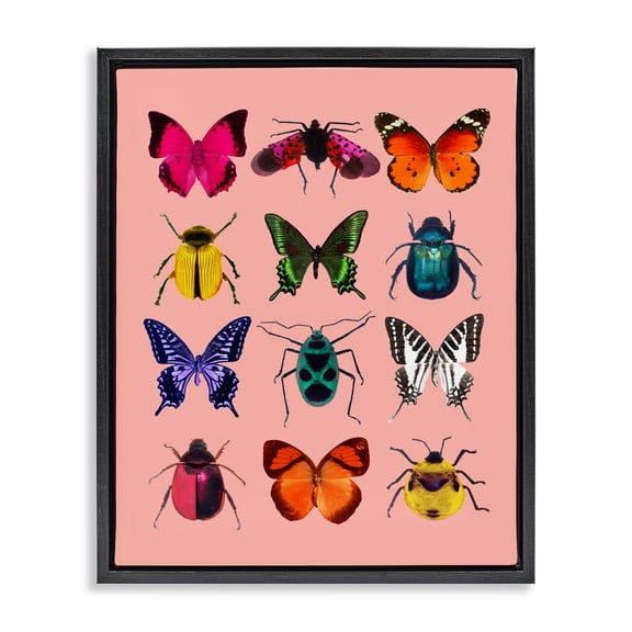 Colorful Bug Species on Pink Black Framed Floater Canvas Wall Art, design by LISH Creative