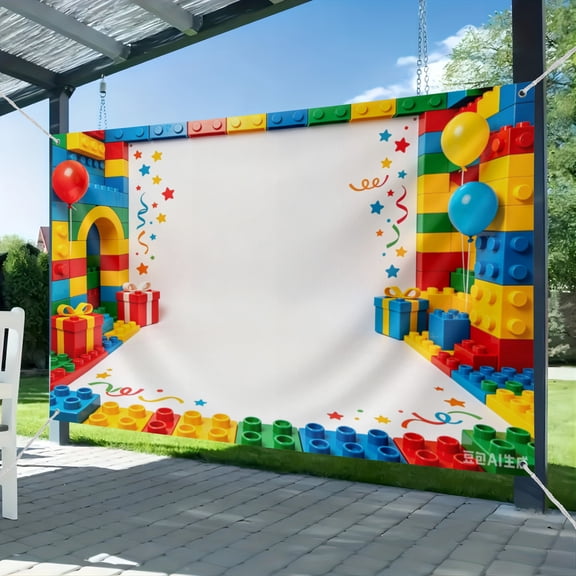Colorful Building Blocks Backdrop, Brick Balloon Gift Box Carnival Photography Background for Kids Birthday Party Baby Shower Brick Theme Photo Booth Decor Banner