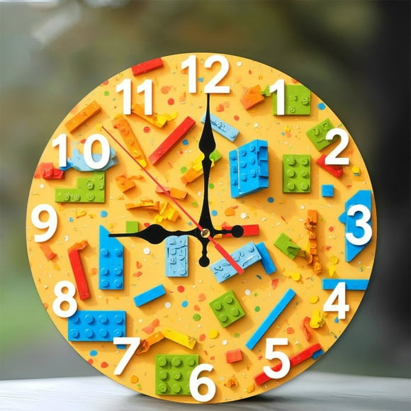 Colorful Building Blocks Clock Wall Art Home Decor 10-Inch Silent Wooden Wall Clock, Battery Operated (AA Batteries Not Included), Artistic Home Decor